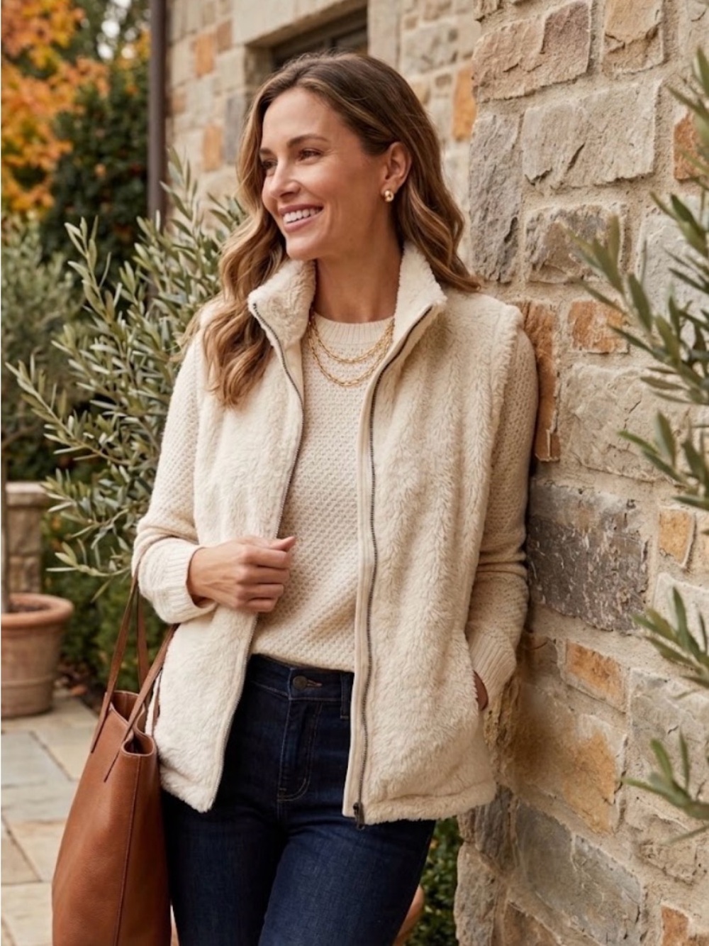 Eileen Fisher Cream Sherpa Zip Vest